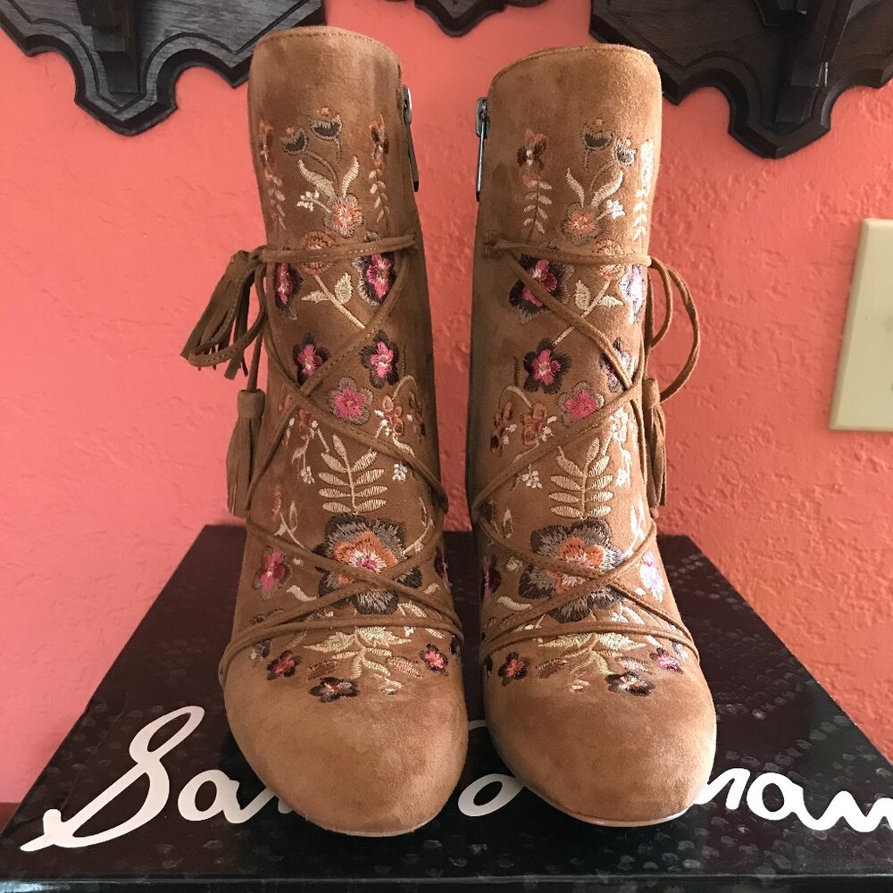 Sam Edelman Embroidered Suede Booties (Winnie, Whiskey Suede) Size 6